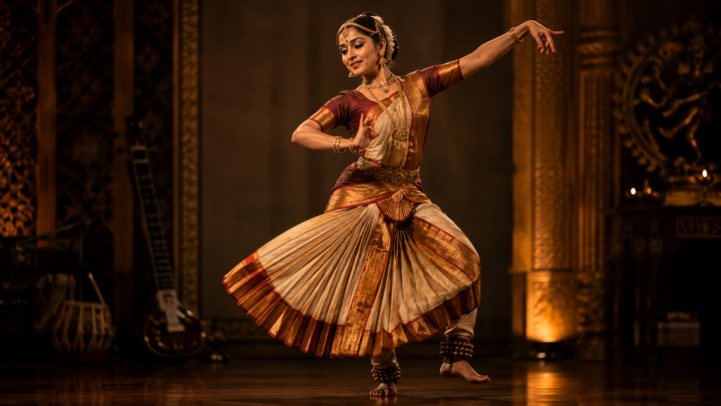 A young Bharatanatyam dancer performing on stage