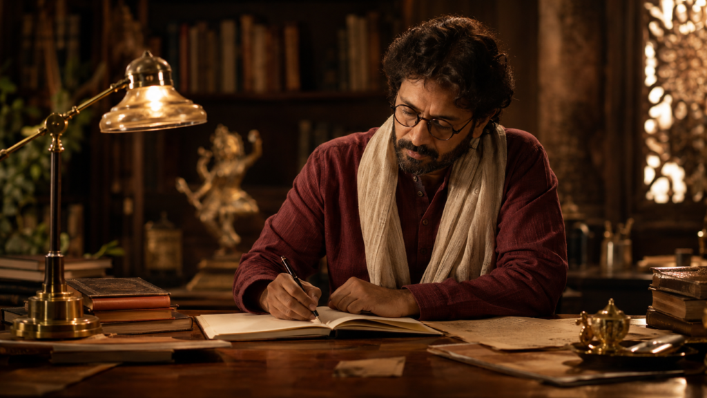 A senior writer at his desk, writing by lamplight